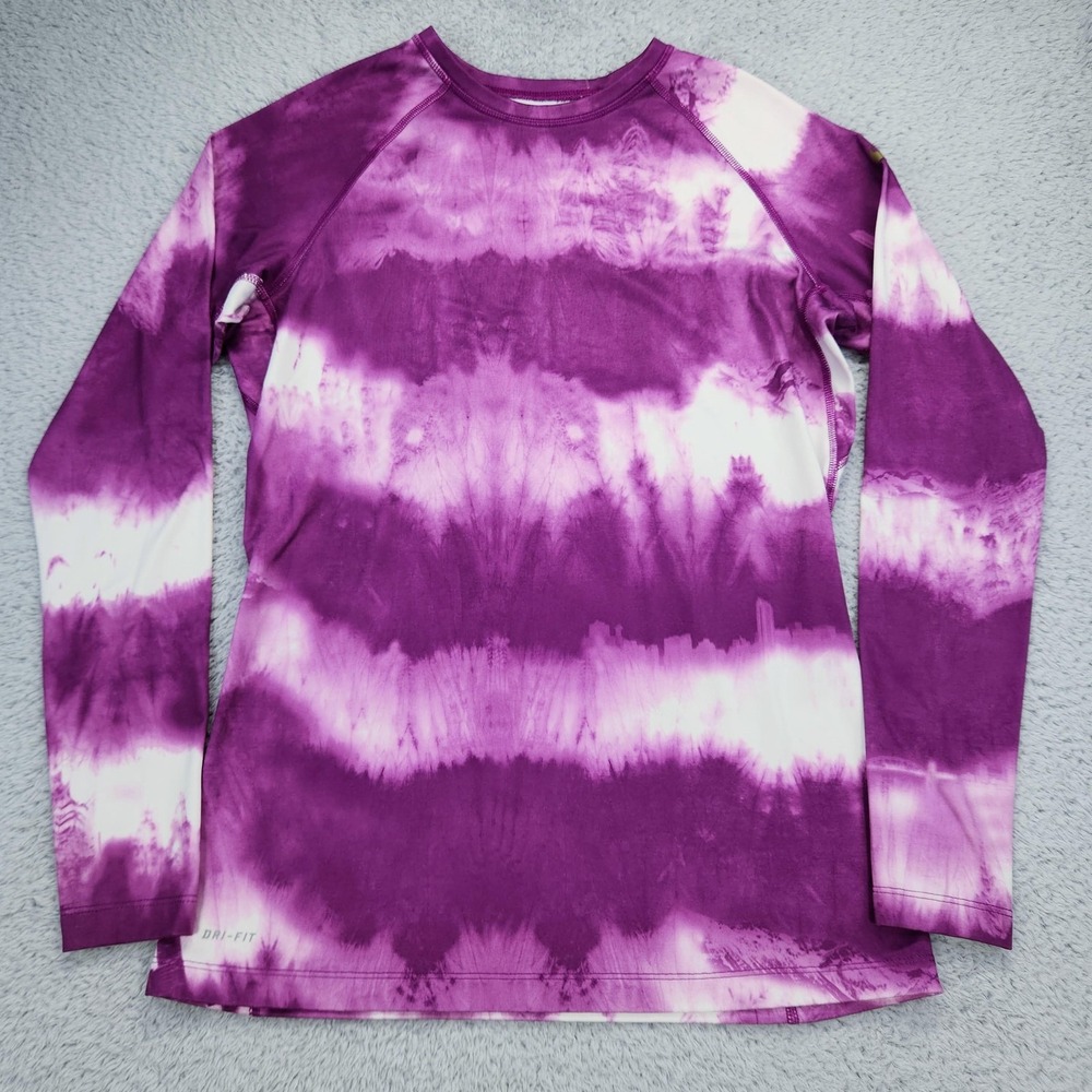 Nike Pro Combat Womens Sz Large DriFit Landscape Tie Dye Fitted Top Purple White